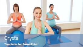 Presentation with group fitness - Slide set featuring pregnancy sport fitness people and healthy lifestyle concept - group of happy pregnant women sitting on exercise balls in gym background and a teal colored foreground