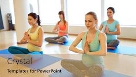  Presentation with group fitness - Cool new presentation theme with pregnancy sport fitness people and healthy lifestyle concept - group of happy pregnant women exercising in lotus pose at gym yoga backdrop and a coral colored foreground