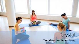  Presentation with people talking - Amazing presentation theme having pregnancy sport fitness people and healthy lifestyle concept - group of happy pregnant women with water bottles sitting on mats and talking in gym backdrop and a light blue colored foreground