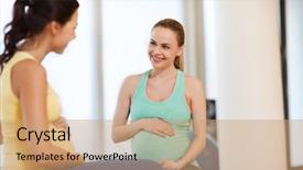  Presentation with two people talking - Beautiful slide set featuring pregnancy sport fitness people and healthy lifestyle concept - two happy pregnant women sitting and talking on balls in gym backdrop and a coral colored foreground