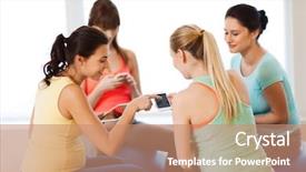  Presentation with healthy people - Colorful presentation theme enhanced with pregnancy sport fitness people and healthy lifestyle concept - group of happy pregnant women with tablet pc computer and smartphone sitting on balls in gym backdrop and a coral colored foreground