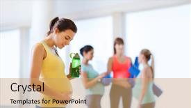  Presentation with healthy people - PPT layouts enhanced with pregnancy sport fitness people and healthy lifestyle concept - happy pregnant woman with water bottle in gym background and a coral colored foreground