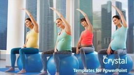 Presentation with gym ball - Beautiful presentation featuring pregnancy sport fitness people and healthy lifestyle concept - group of happy pregnant women exercising on ball in gym backdrop and a ocean colored foreground