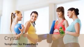  Presentation with people talking - Cool new PPT theme with pregnancy sport fitness people and healthy lifestyle concept - group of happy pregnant women with sports equipment talking in gym backdrop and a coral colored foreground