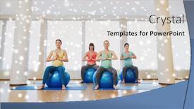  Presentation with group fitness - Presentation theme having pregnancy sport fitness people and healthy lifestyle concept - group of happy pregnant women exercising on stability balls in gym over snow background and a light gray colored foreground