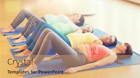 Presentation with group fitness - Presentation enhanced with pregnancy sport fitness people and healthy lifestyle concept - group of happy pregnant women exercising on mats in gym background and a coral colored foreground