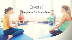  Presentation with group fitness - Slide deck featuring pregnancy sport fitness people and healthy lifestyle concept - group of happy pregnant women with water bottles sitting on mats and talking in gym background and a cream colored foreground