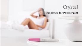  Presentation with pregnant woman cleaning - Presentation theme having pregnancy test and blurred woman suffering from headache on background background and a white colored foreground