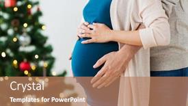  Presentation with christmas holidays - Amazing slides having pregnancy winter holidays and people concept - close up of man touching his pregnant wife belly home at christmas backdrop and a coral colored foreground
