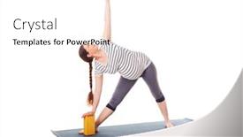  Presentation with triangle - Presentation design enhanced with pregnancy yoga exercise - pregnant woman doing asana utthita trikonasana - extended triangle pose with block isolated on white background background and a white colored foreground
