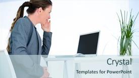  Presentation with woman office desk - Beautiful slides featuring pregnant business woman in her office sitting at her desk backdrop and a sky blue colored foreground