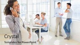  Presentation with pregnant - Colorful PPT theme enhanced with pregnant businesswoman talking on phone with team behind her in the office backdrop and a soft green colored foreground