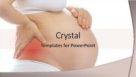  Presentation with back pain - Slide set with pregnant caucasian woman closeup body isolated on white background studio shot belly back pain red background and a coral colored foreground