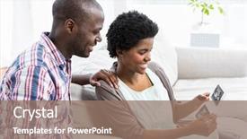  Presentation with ultrasound - Slide set featuring pregnant couple sitting on sofa and looking at ultrasound scan at home background and a coral colored foreground