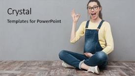  Presentation with happy image - Amazing presentation theme having pregnant happy woman wearing glasses backdrop and a light gray colored foreground