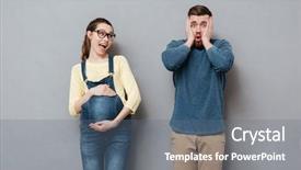  Presentation with pregnant woman cleaning - Presentation design having pregnant happy woman wearing glasses background and a ocean colored foreground