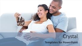  Presentation with baby shoes - Presentation consisting of cheerful young couple with baby background and a light blue colored foreground