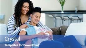  Presentation with baby shoes - Theme enhanced with pregnant lesbian couple sitting background and a teal colored foreground