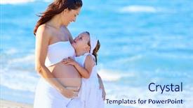  Presentation with pregnant mother - Colorful slide set enhanced with pregnant mother and daughter on the beach together hug backdrop and a sky blue colored foreground