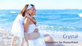  Presentation with pregnant mother - Presentation design consisting of pregnant mother and daughter on the beach together hug sitting on sand background and a sky blue colored foreground
