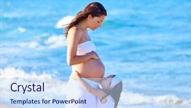  Presentation with pregnant mother - PPT theme featuring pregnant mother and daughter on the beach together kissing belly background and a sky blue colored foreground