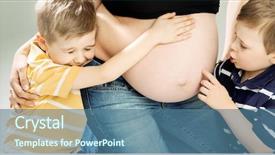  Presentation with pregnant mother - PPT theme enhanced with pregnant mother posing with happy children background and a ocean colored foreground