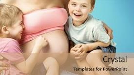  Presentation with pregnant mother - Beautiful PPT theme featuring pregnant mother posing with happy children backdrop and a coral colored foreground