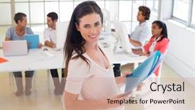  Presentation with files - Slide deck featuring pregnant office worker walking with files in the office background and a coral colored foreground