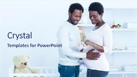  Presentation with baby shoes - Cool new PPT layouts with pregnant showing baby shoes to husband while standing in house backdrop and a sky blue colored foreground