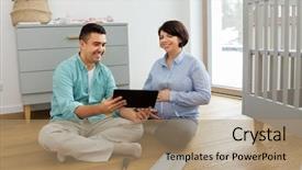  Presentation with happy baby - Presentation theme with pregnant wife with tablet computer background and a coral colored foreground