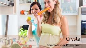  Presentation with healthy eating - Slides with pregnant woman and girlfriend cooking healthy in domestic kitchen eating a carrot background and a coral colored foreground