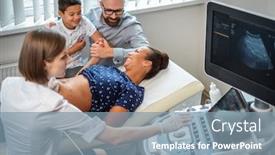  Presentation with pregnant woman - Presentation design featuring medical obstetrics gynecology - pregnant woman and her family background and a seafoam green colored foreground