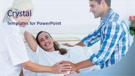  Presentation with pregnant woman doctor - Slide set having ginecolog - pregnant woman and her husband background and a sky blue colored foreground