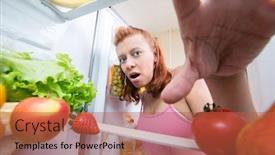  Presentation with refrigerator - PPT theme enhanced with pregnant woman and refrigerator with health food vegetables and fruits background and a red colored foreground