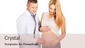  Presentation with pregnant woman doctor - Presentation theme enhanced with pregnant woman being examine by doctor with stethoscope background and a soft green colored foreground