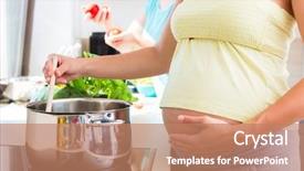  Presentation with pregnant - Slides featuring pregnant woman cooking with best friend putting pot on stove background and a coral colored foreground