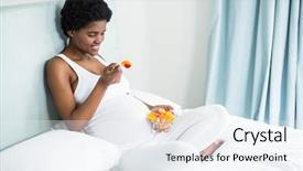  Presentation with pregnant woman - PPT theme with pregnant woman eating fruit salad background and a sky blue colored foreground