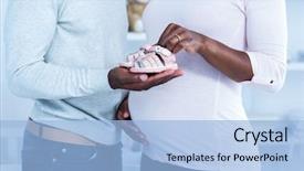  Presentation with baby shoes - Presentation design consisting of pregnant woman giving baby shoes to husband while standing at home background and a light blue colored foreground