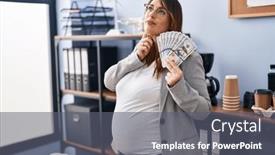  Presentation with pregnant woman - Presentation theme having pregnant-woman-holding-dollars background and a gray colored foreground