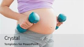  Presentation with pregnant woman - Presentation design enhanced with pregnant woman holding dumbbells in a fitness studio background and a light gray colored foreground