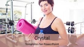  Presentation with press - Colorful PPT theme enhanced with pregnant woman holding water bottle and exercise mat against empty weights room with bench press backdrop and a coral colored foreground