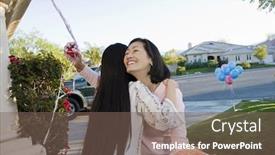  Presentation with baby shower - Colorful slide deck enhanced with pregnant-woman-hugging-middle-aged backdrop and a violet colored foreground