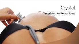  Presentation with listening woman - Presentation theme having pregnant woman listening her belly with stethoscope isolated on white background background and a white colored foreground