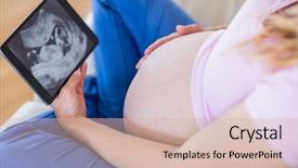  Presentation with ultrasound - Beautiful presentation theme featuring woman looking at ultrasound scan backdrop and a soft green colored foreground