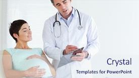  Presentation with pregnant woman doctor - Audience pleasing slides consisting of pregnant woman lying down talking backdrop and a sky blue colored foreground