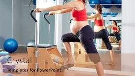  Presentation with pilates - Audience pleasing slide set consisting of pregnant woman pilates exercise wunda chair at gym indoor backdrop and a coral colored foreground