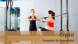  Presentation with exercise trainer - Cool new PPT layouts with pregnant woman pilates reformer cadillac arms exercise workout with personal trainer backdrop and a coral colored foreground