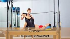  Presentation with exercise trainer - PPT theme featuring pregnant woman pilates reformer leg spring exercise workout with personal trainer background and a coral colored foreground