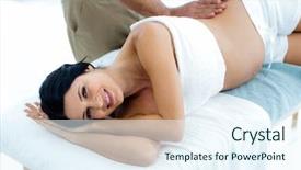  Presentation with pregnant woman massage - Beautiful slide set featuring pregnant woman receiving a back massage from masseur at home backdrop and a sky blue colored foreground