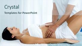  Presentation with pregnant woman massage - Presentation design consisting of pregnant woman receiving a stomach massage from masseur at home background and a sky blue colored foreground